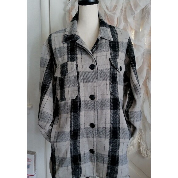 New Lucky Brand Pea Coat Jacket Womens Size M Relaxed Fit Gray Plaid Black Gray - Picture 4 of 4
